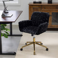 Adjustable Faux Fur Office Chair with Gold Base, Swivel Upholstered Desk Chair with Armrests, Black