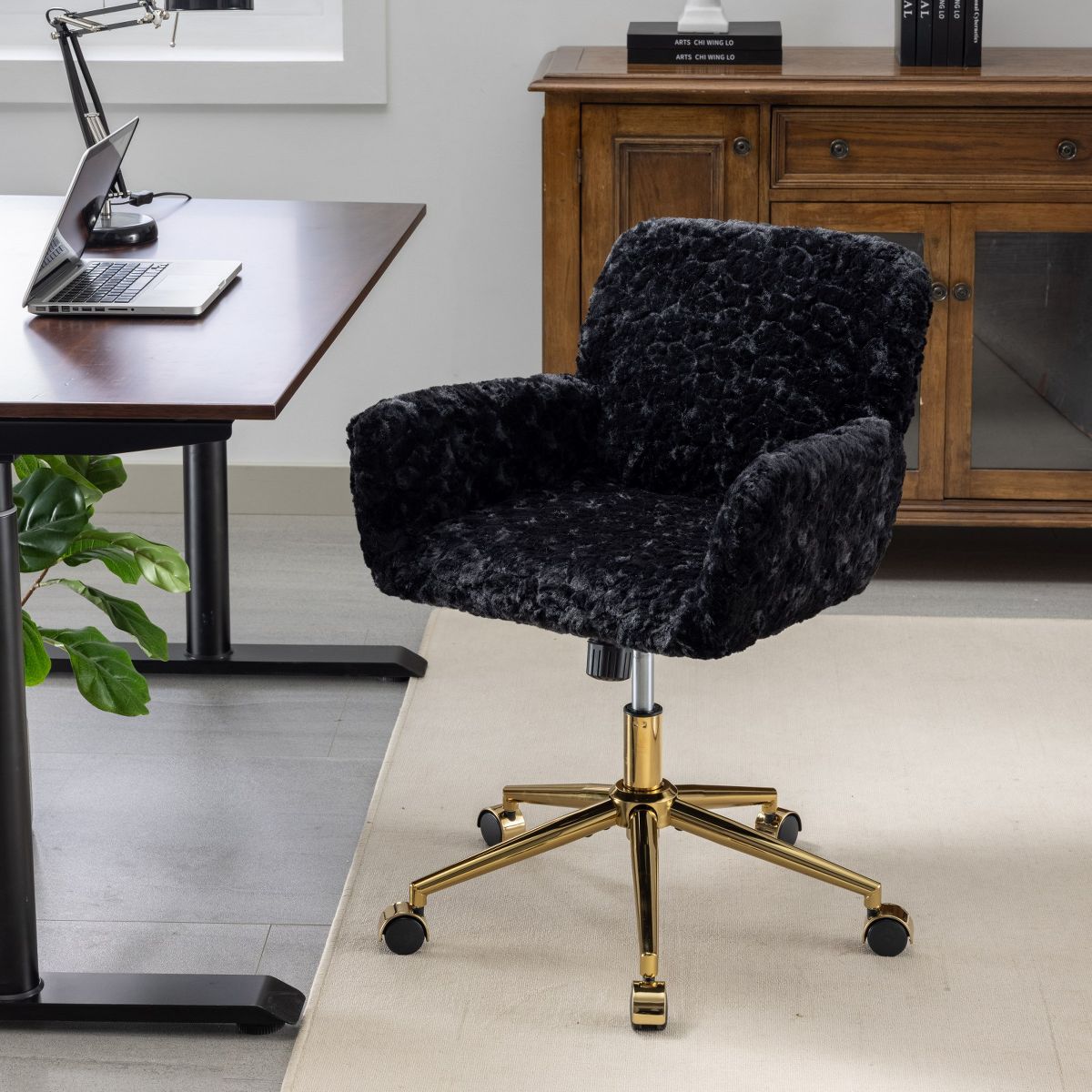 Adjustable Faux Fur Office Chair with Gold Base, Swivel Upholstered Desk Chair with Armrests, Black