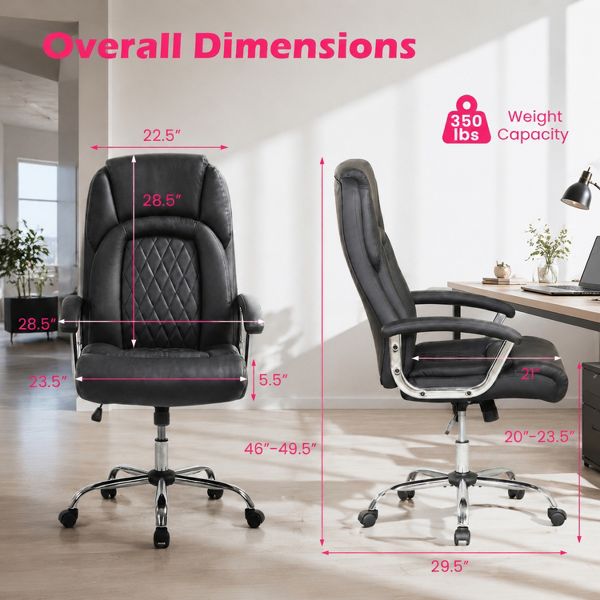 Height Adjustable Big and Tall Office Chair with Reclining Function and Metal Base, Black