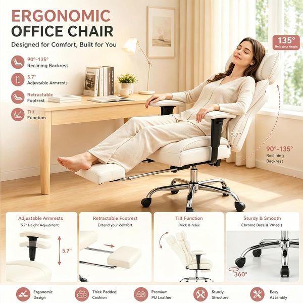 Bestier 27-in W Ergonomic Office Chair with Adjustable Armrests Reclining Footrest 350 lb Capacity for Home Office Gaming, Black