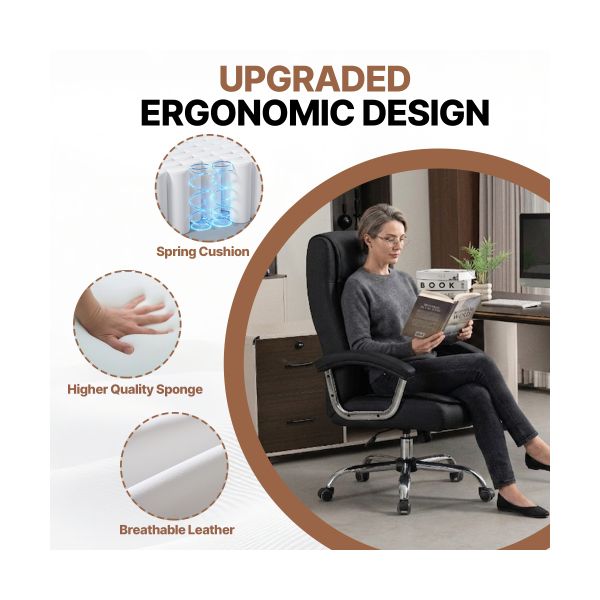 Black Executive Office Chair, High Back PU Leather Swivel Desk Chair with Spring Cushion, Chrome Armrests and 350 lb Capacity