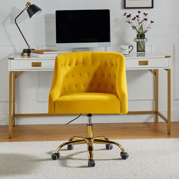 Anika Modern Velvet Height-adjustable Swivel Task Office Chair with Button-tufted Back and Gold Base | Karat Home - Black