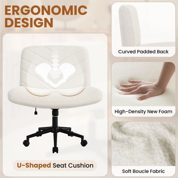 Yaheetech 32.5"H Boucle Swivel Armless Desk Chair, Cross-Legged Rolling Chair for Office, Bedroom & Vanity, Beige