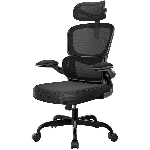 KERDOM Office Chair, Breathable Mesh Comfy Chair with Lumbar Support, Flip-up Armrests, Desk Chair for Adults Home Office, Black