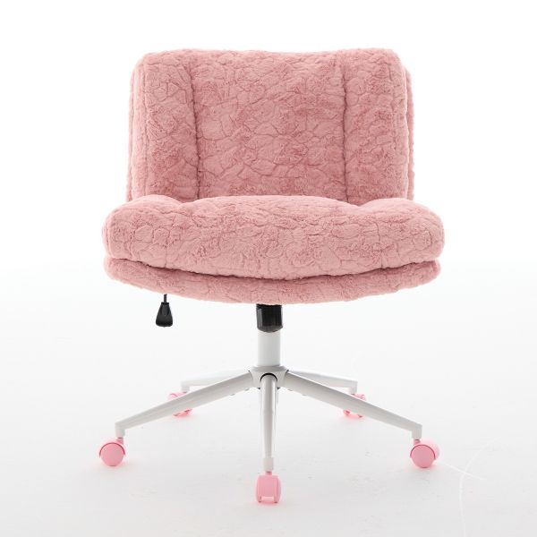 26.4" Wide Faux Fur Office Chair, Adjustable Swivel Desk Chair with Double Cushion, Ergonomic Home Office Chair, Pink