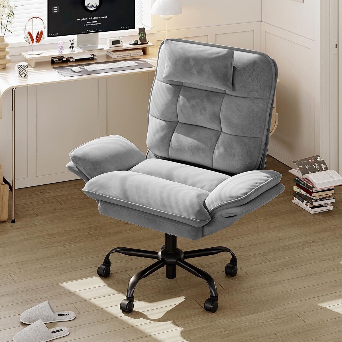 Bestier Big and Tall Executive Office Chair with Flip-Up Arms, Adjustable Height, Reclining Office Chair with Headrest & Side Pockets, Beige