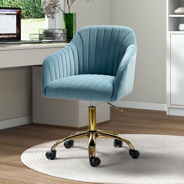 Alex Velvet Height-adjustable Swivel Task Office Chair with Channel-tufted Back and Gold Metal Base | Karat Home - Black