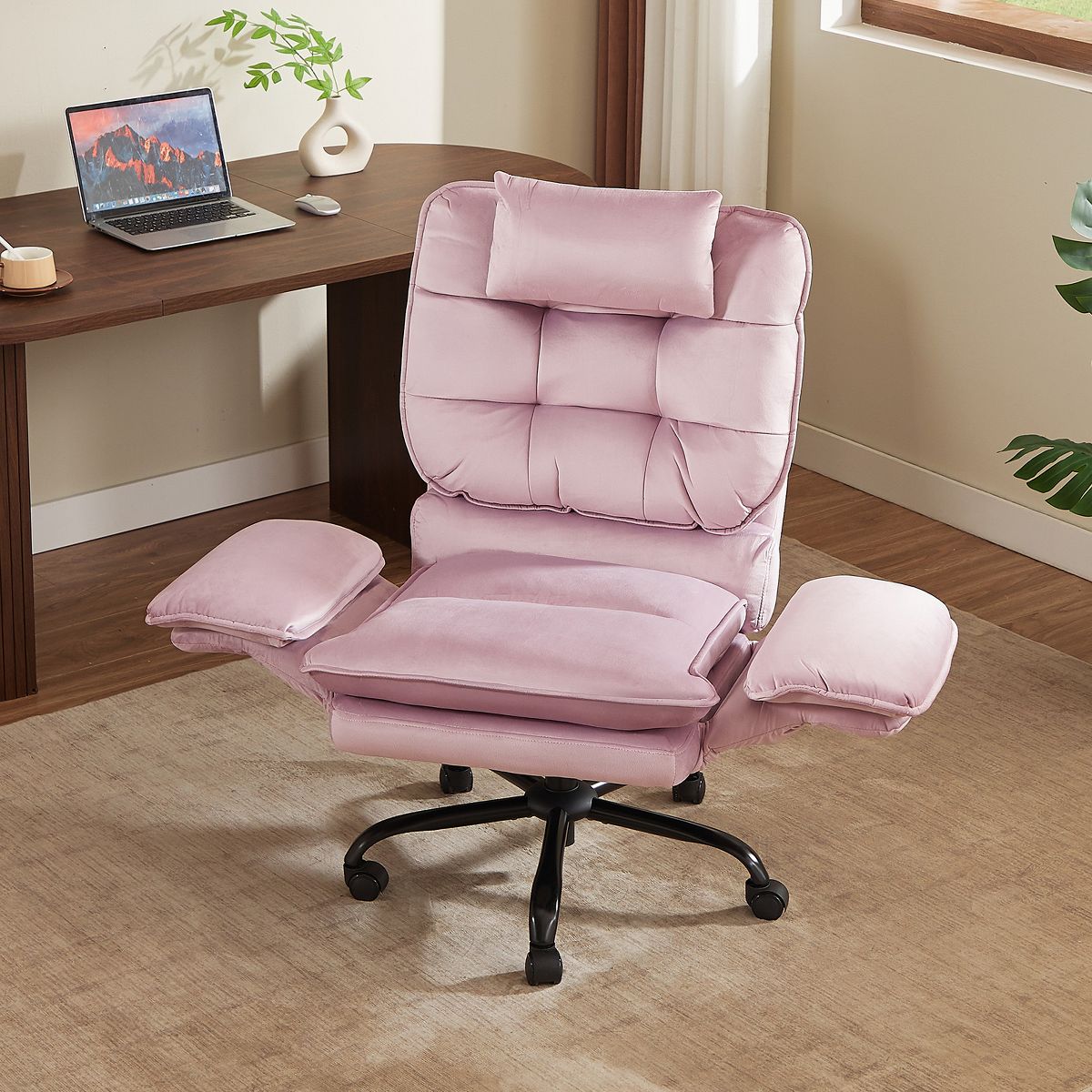 Bestier Big and Tall Executive Office Chair with Flip-Up Arms, Adjustable Height, Reclining Office Chair with Headrest & Side Pockets, Beige