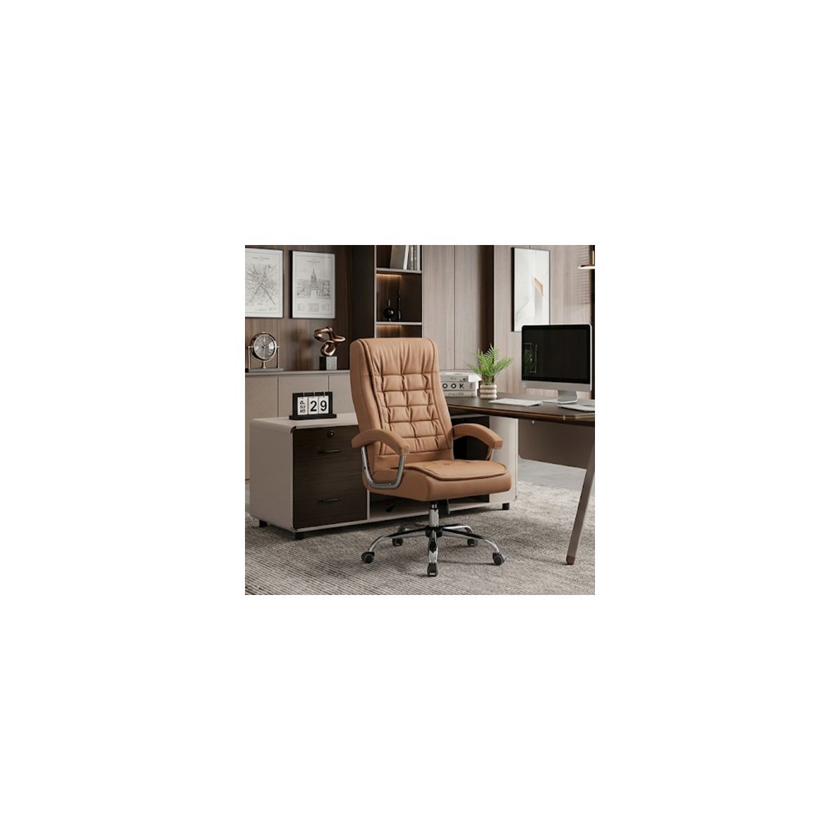 Camel Executive Office Chair, High Back PU Leather Swivel Desk Chair with Spring Cushion, Chrome Armrests and 350 lb Capacity