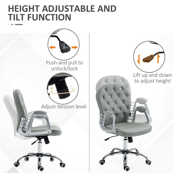 Vinsetto Vanity PU Leather Mid Back Office Chair Swivel Tufted Backrest Task Chair with Padded Armrests, Adjustable Height, Rolling Wheels, Black