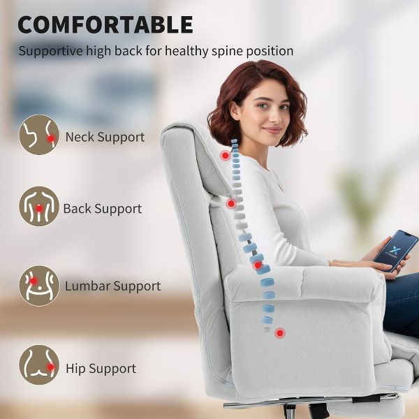 High Back Office Chair with Footrest Reclining Desk Chair High Resilience Foam Rolling Wheels Cream