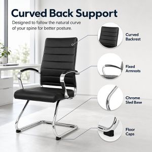LeisureMod Benmar Modern Leather Office Chair - Ergonomic Sled Base Desk Chair with Fixed Armrests & Sturdy Steel Frame for Home or Executive Office