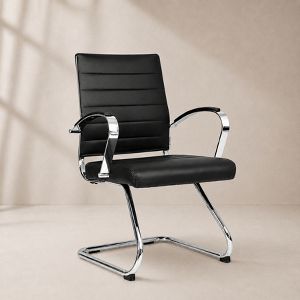 LeisureMod Benmar Modern Leather Office Chair - Ergonomic Sled Base Desk Chair with Fixed Armrests & Sturdy Steel Frame for Home or Executive Office