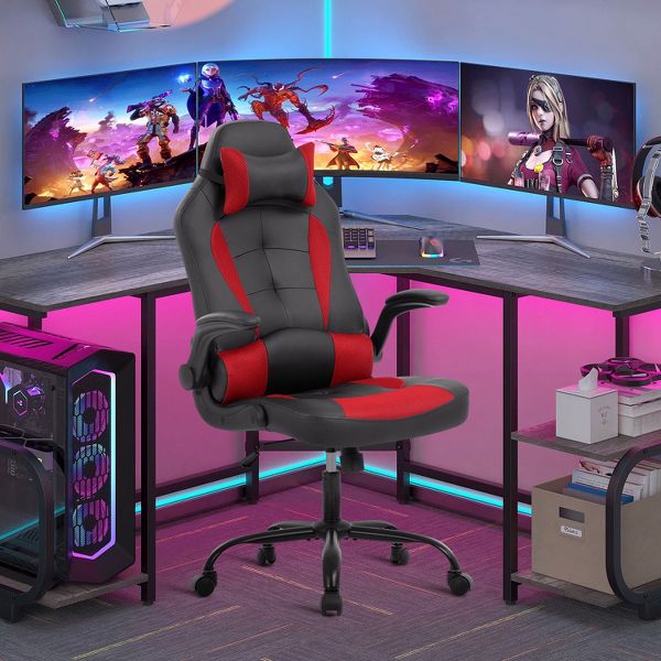 FDW PC Gaming Chair Office Chair Desk Chair with Lumbar Support Flip Up Arms Headrest, Black