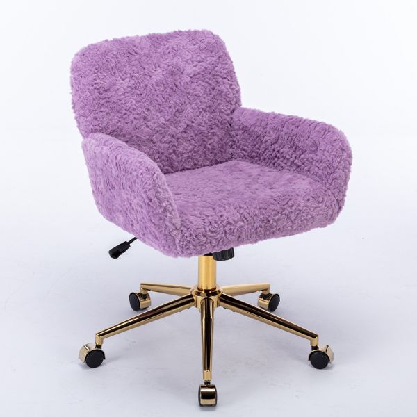 Adjustable Faux Fur Office Chair with Gold Base, Swivel Upholstered Desk Chair with Armrests, Violet