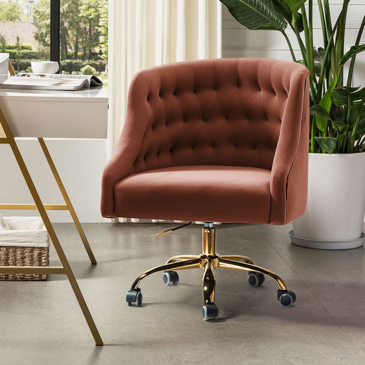 Anika Modern Velvet Height-adjustable Swivel Task Office Chair with Button-tufted Back and Gold Base | Karat Home - Black