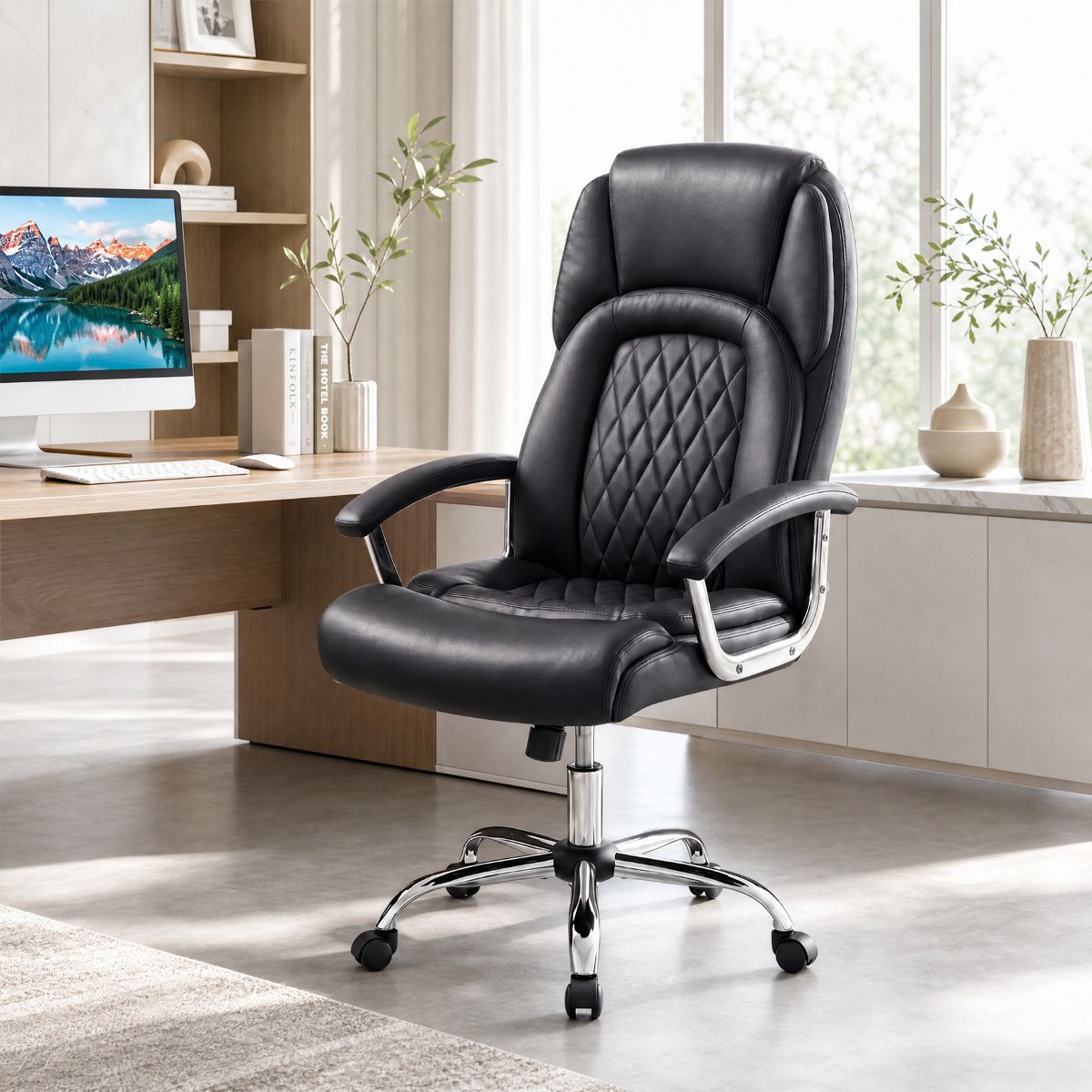 Height Adjustable Big and Tall Office Chair with Reclining Function and Metal Base, Black