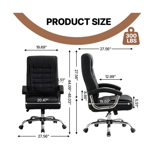 Black Executive Office Chair, High Back PU Leather Swivel Desk Chair with Spring Cushion, Chrome Armrests and 350 lb Capacity