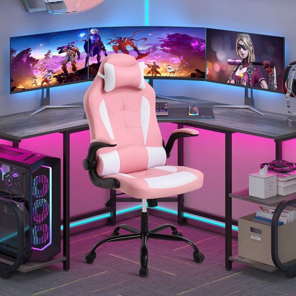 FDW PC Gaming Chair Office Chair Desk Chair with Lumbar Support Flip Up Arms Headrest, Black