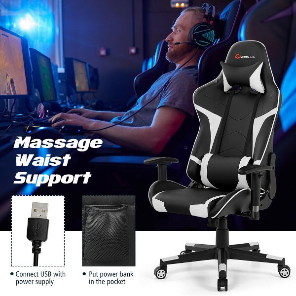 Costway Massage Gaming Chair Reclining Swivel Racing Office Chair w/Lumbar Support Blue