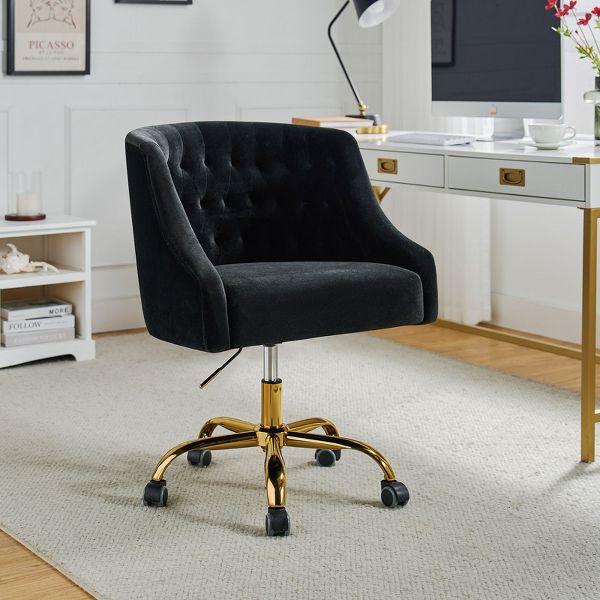 Anika Modern Velvet Height-adjustable Swivel Task Office Chair with Button-tufted Back and Gold Base | Karat Home - Black