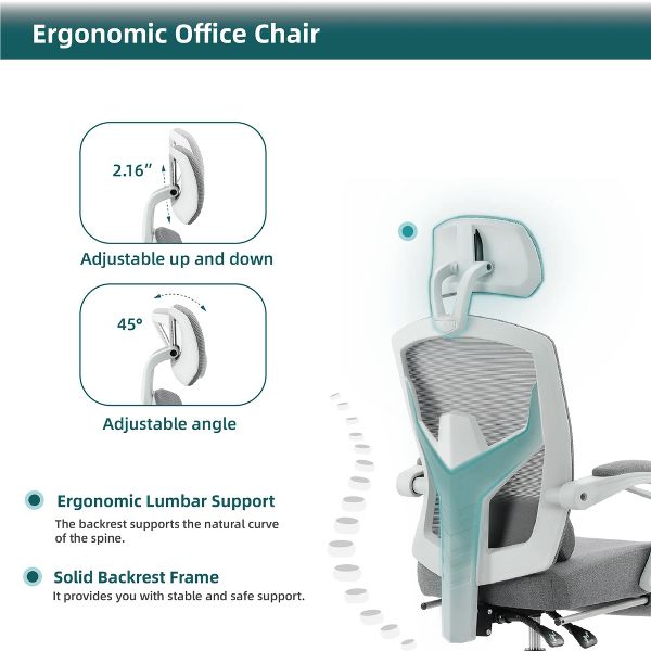 Bestier Office Chair Ergonomic Desk Chair, Home Mesh Office Desk Chairs with Wheels, Lumbar Support Pillow and Padded Armrests, Comfy Gaming Chair