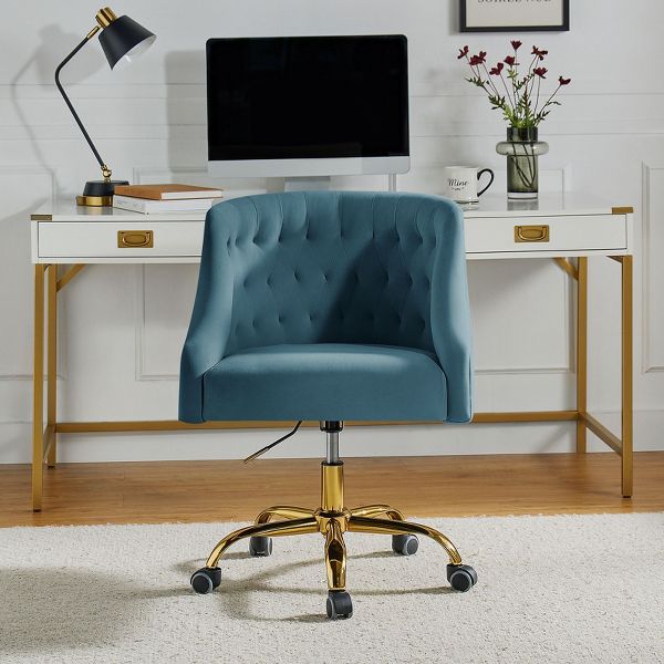 Anika Modern Velvet Height-adjustable Swivel Task Office Chair with Button-tufted Back and Gold Base | Karat Home - Black