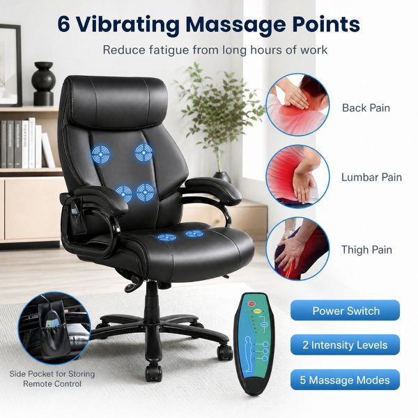 Big and Tall Executive Office Chair with PU Leather Massage and Heavy Duty 400 Lbs Capacity, Black