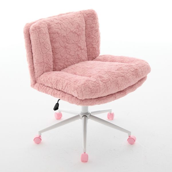 26.4" Wide Faux Fur Office Chair, Adjustable Swivel Desk Chair with Double Cushion, Ergonomic Home Office Chair, Pink