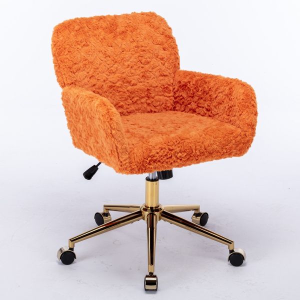 Adjustable Faux Fur Office Chair with Gold Base, Swivel Upholstered Desk Chair with Armrests, Orange