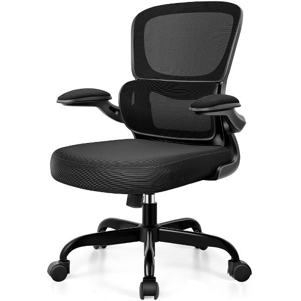 KERDOM Office Chair, Breathable Mesh Comfy Chair with Lumbar Support, Flip-up Armrests, Desk Chair for Adults Home Office, Black
