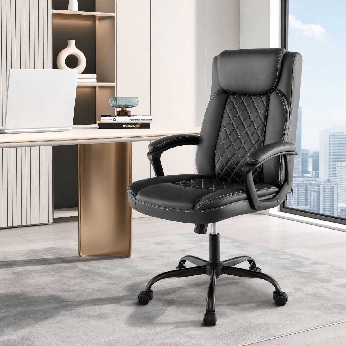 High Back Ergonomic Executive Office Chair with Thick Headrest Cushion and Lumbar Support, Black
