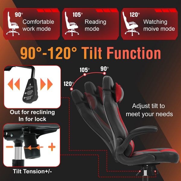 FDW PC Gaming Chair Office Chair Desk Chair with Lumbar Support Flip Up Arms Headrest, Black