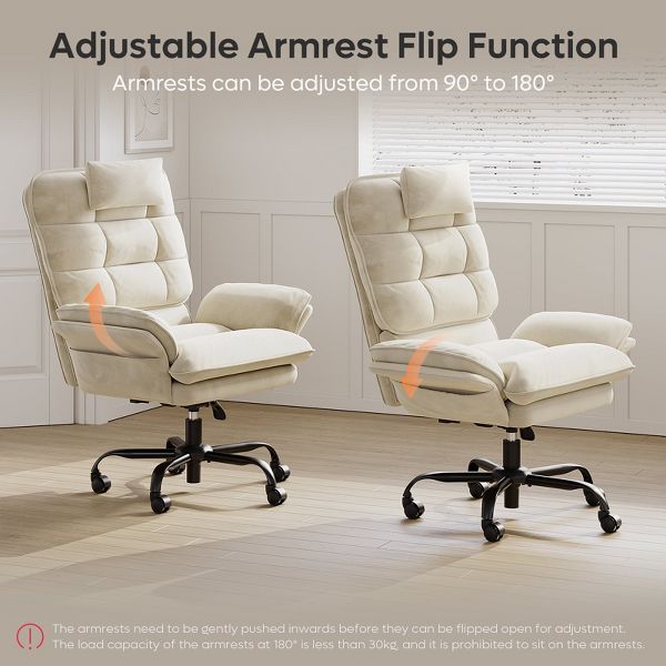 Bestier Big and Tall Executive Office Chair with Flip-Up Arms, Adjustable Height, Reclining Office Chair with Headrest & Side Pockets, Beige