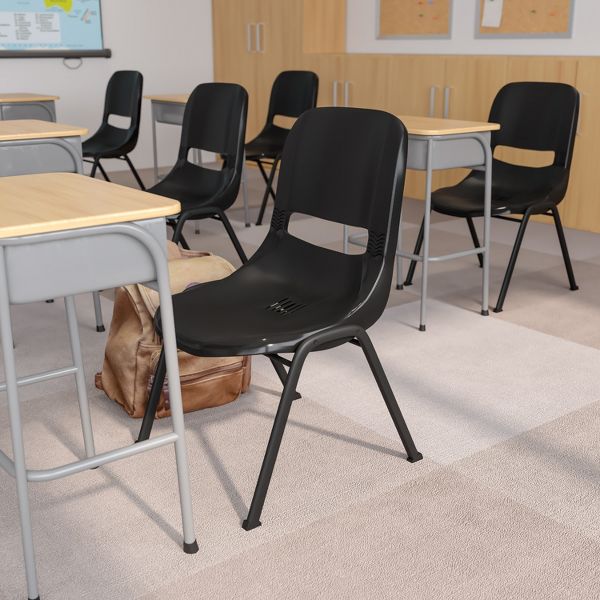 Emma and Oliver Black Ergonomic Shell Student Stack Chair - Classroom Chair / Office Guest Chair