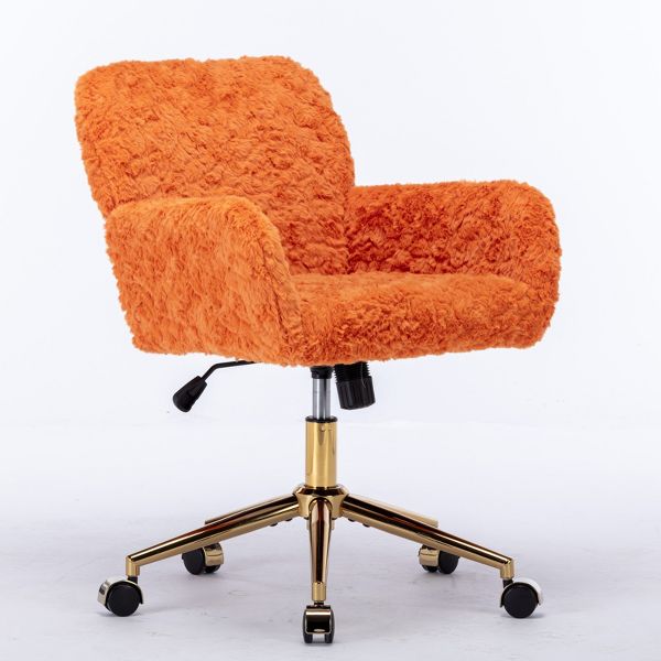 Adjustable Faux Fur Office Chair with Gold Base, Swivel Upholstered Desk Chair with Armrests, Orange