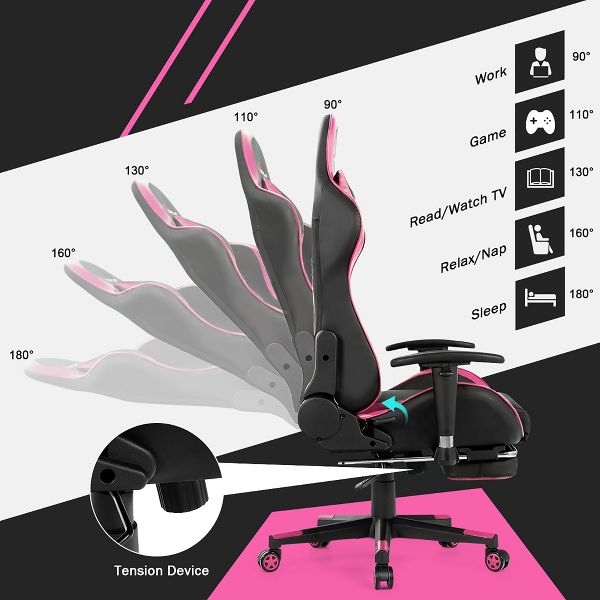 Costway Office Massage Gaming Chair Reclining Swivel Racing with Footrest Pink