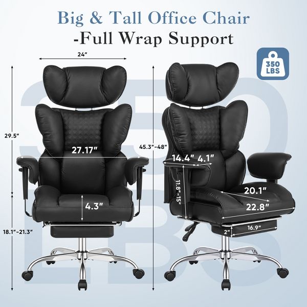 Bestier 27-in W Ergonomic Office Chair with Adjustable Armrests Reclining Footrest 350 lb Capacity for Home Office Gaming, Black
