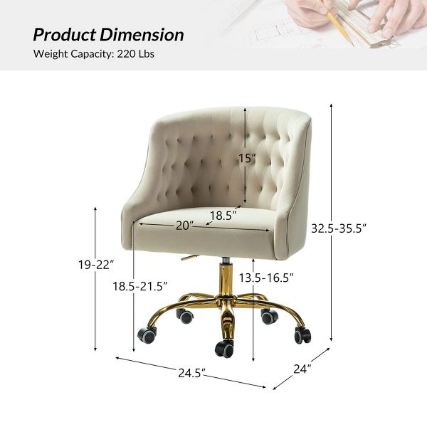 Anika Modern Velvet Height-adjustable Swivel Task Office Chair with Button-tufted Back and Gold Base | Karat Home - Black