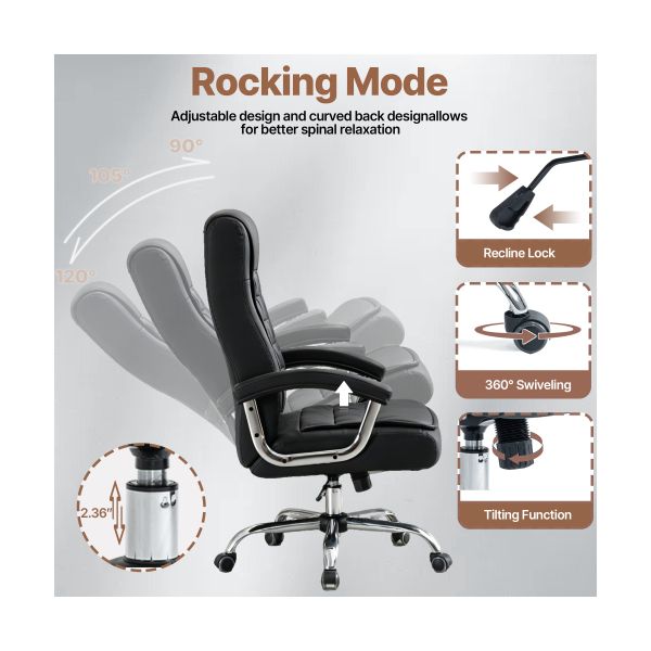 Black Executive Office Chair, High Back PU Leather Swivel Desk Chair with Spring Cushion, Chrome Armrests and 350 lb Capacity