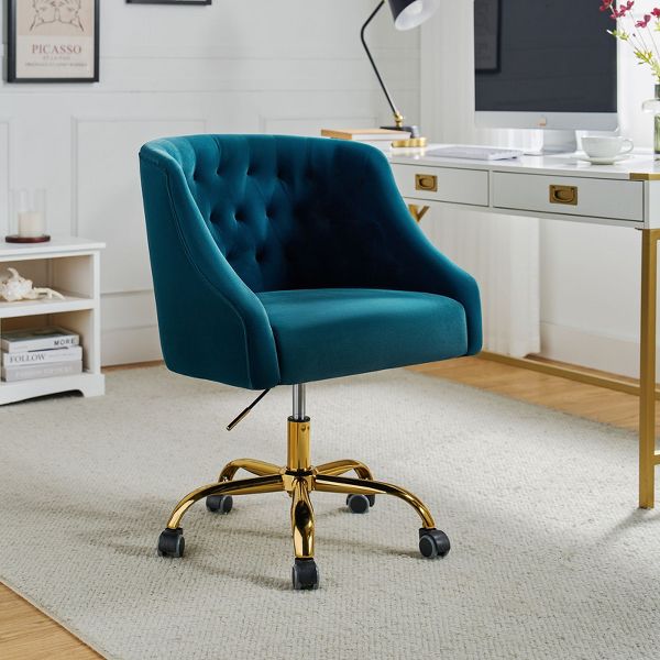 Anika Modern Velvet Height-adjustable Swivel Task Office Chair with Button-tufted Back and Gold Base | Karat Home - Black