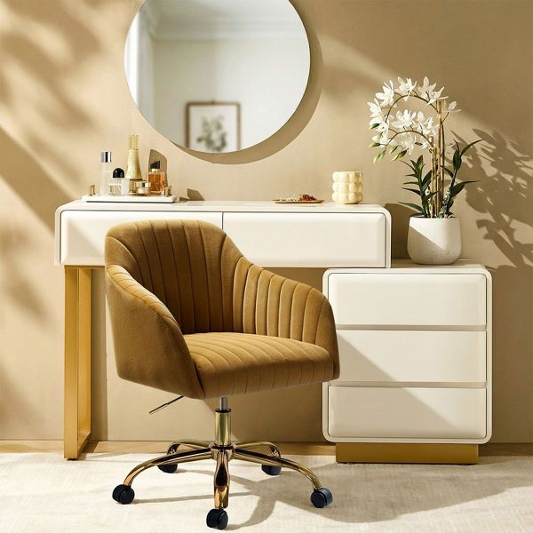 Alex Velvet Height-adjustable Swivel Task Office Chair with Channel-tufted Back and Gold Metal Base | Karat Home - Black
