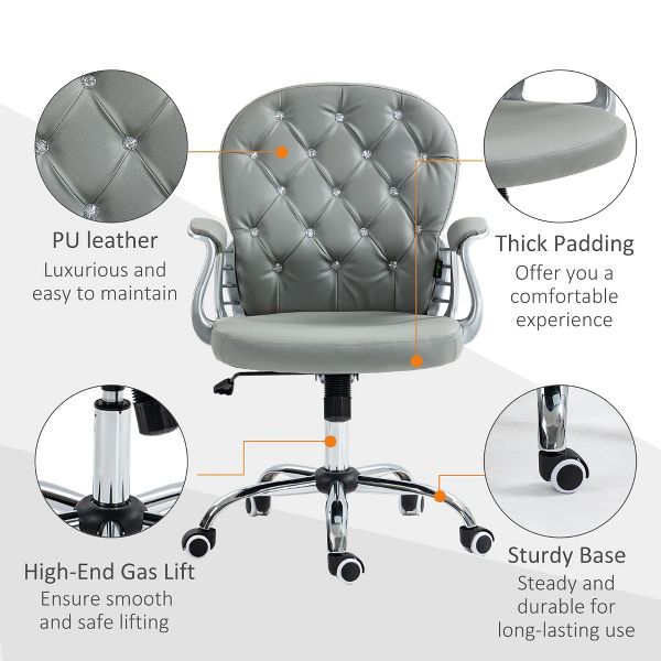 Vinsetto Vanity PU Leather Mid Back Office Chair Swivel Tufted Backrest Task Chair with Padded Armrests, Adjustable Height, Rolling Wheels, Black