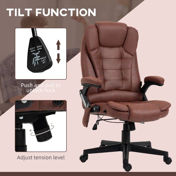 HOMCOM 6 Point Vibrating Massage Office Chair with Heat, Microfiber High Back Executive Office Chair with Reclining Backrest, Armrests, Rust Red