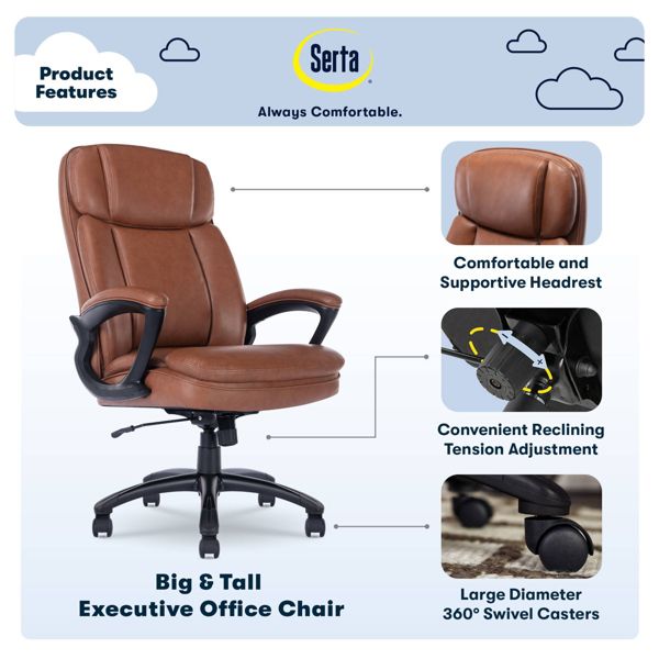 Big and Tall Executive Office Chair Cognac - Serta: 350lb Capacity, Ergonomic, Swivel, Adjustable
