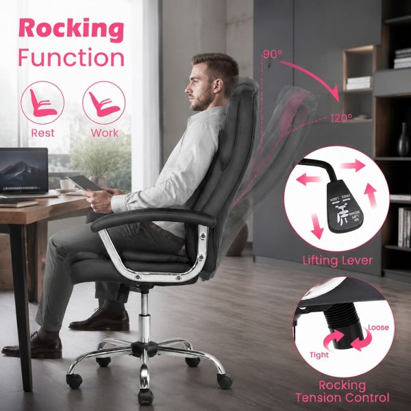 Height Adjustable Big and Tall Office Chair with Reclining Function and Metal Base, Black