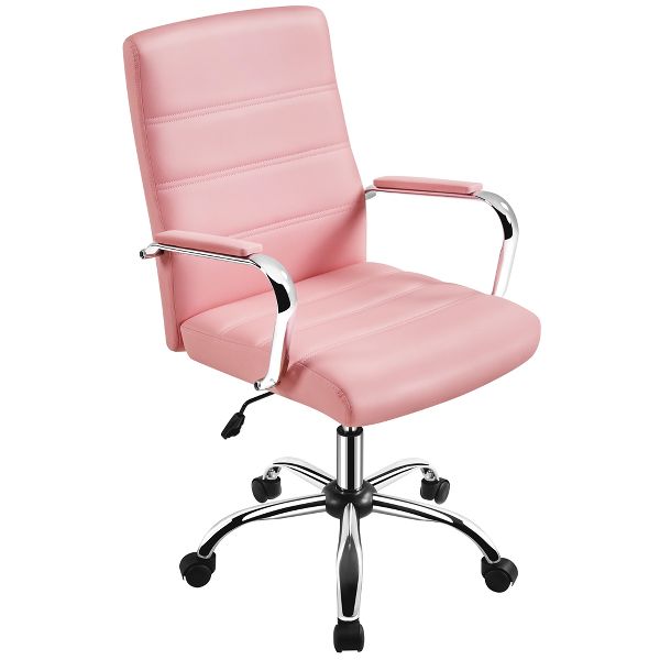 Yaheetech Mid-Back Swivel Office Chair, PU Leather Executive Chair with Adjustable Seat & Chrome Base for Home Office, Light Gray
