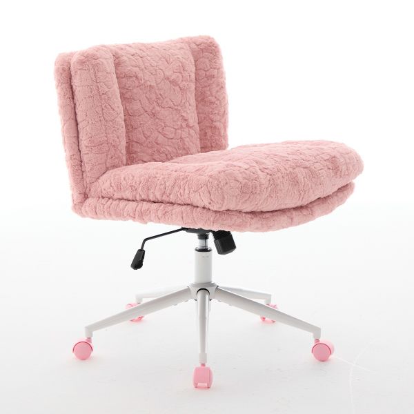 26.4" Wide Faux Fur Office Chair, Adjustable Swivel Desk Chair with Double Cushion, Ergonomic Home Office Chair, Pink
