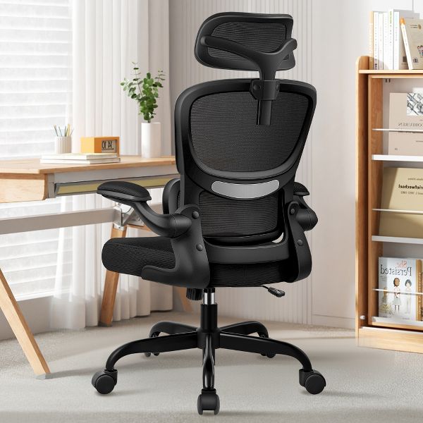 KERDOM Office Chair, Breathable Mesh Comfy Chair with Lumbar Support, Flip-up Armrests, Desk Chair for Adults Home Office, Black