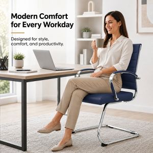 LeisureMod Benmar Modern Leather Office Chair - Ergonomic Sled Base Desk Chair with Fixed Armrests & Sturdy Steel Frame for Home or Executive Office